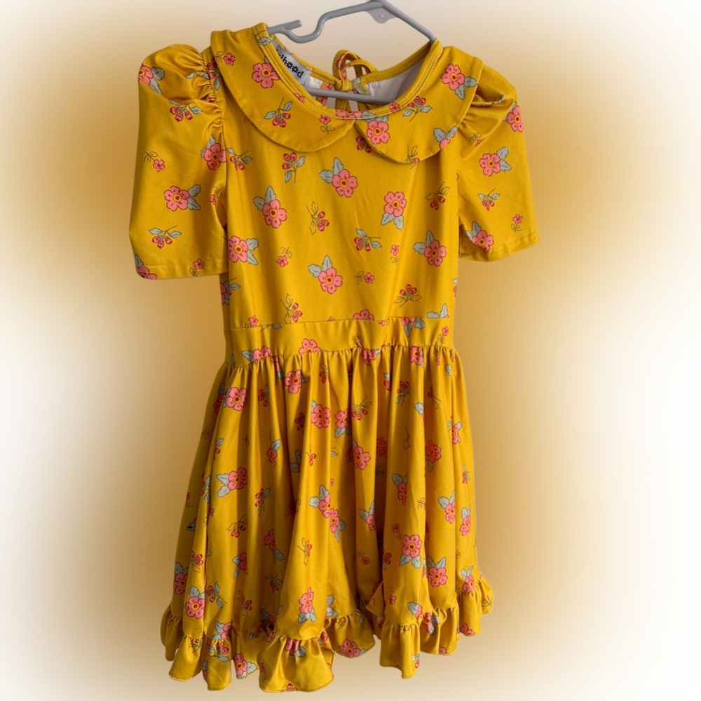 Girlhood Little Stocking Co Mustard Yellow Pink Flowers Twirl Dress EUC